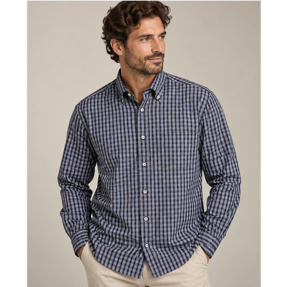 Luciano Barbera Italian Designer Button Down Shirt M Navy Plaid Luxury Preppy